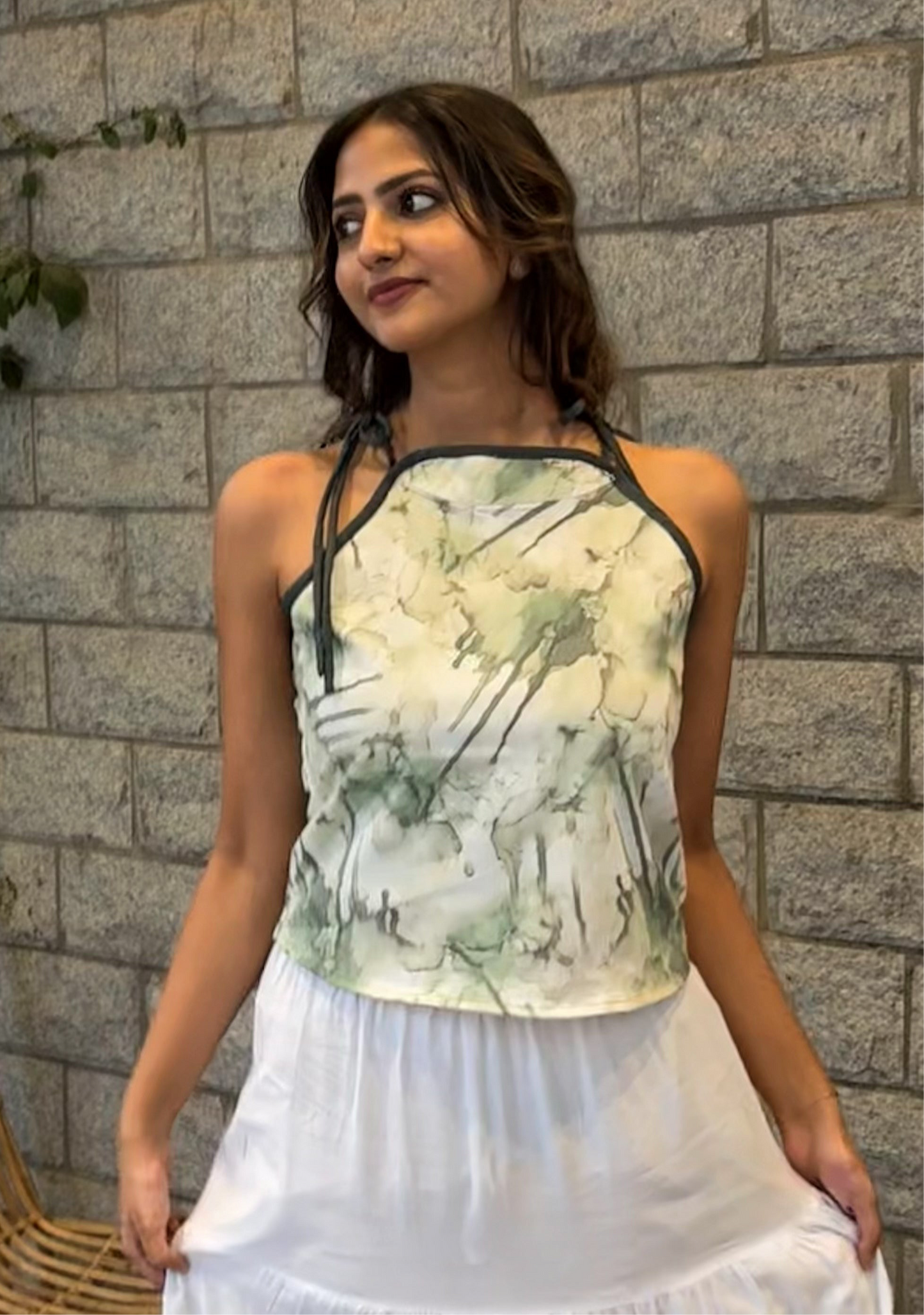 AQUARELLE TIE NECK TOP