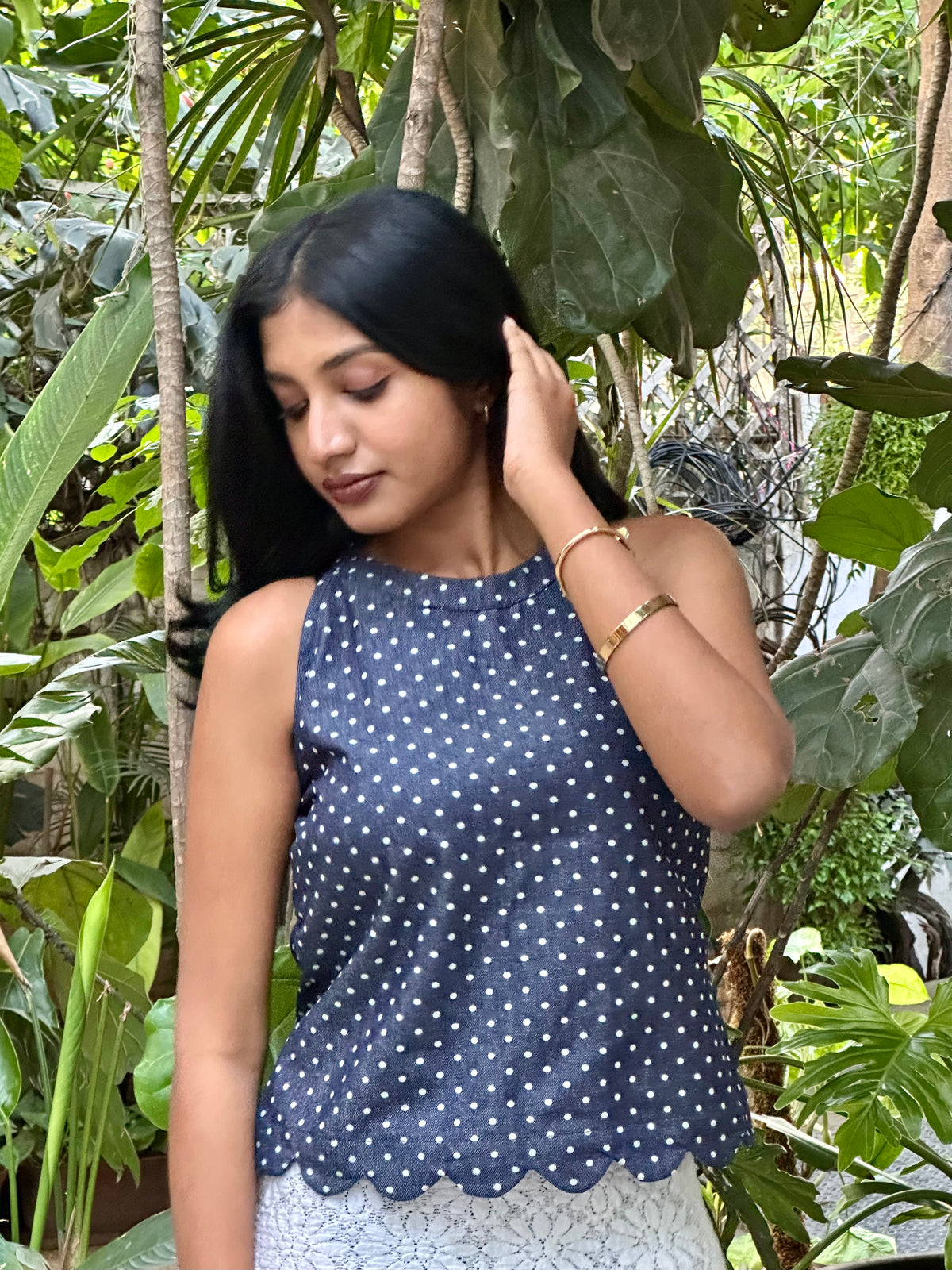 POLKA DENIM TIE BACK TOP