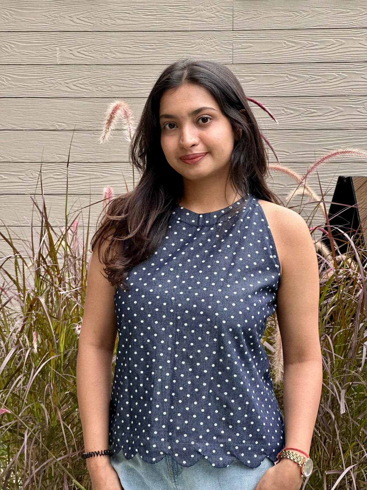 POLKA DENIM TIE BACK TOP
