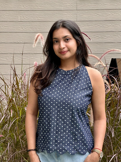 POLKA DENIM TIE BACK TOP