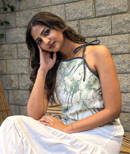 AQUARELLE TIE NECK TOP