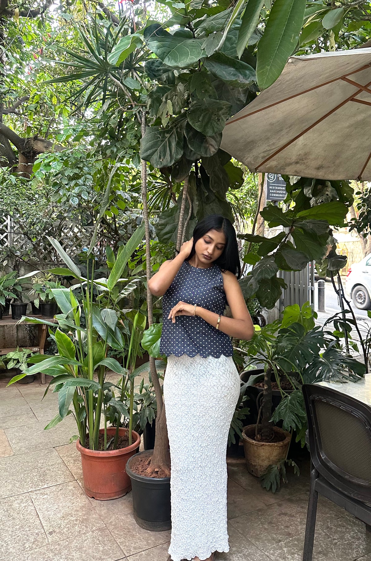 POLKA DENIM TIE BACK TOP