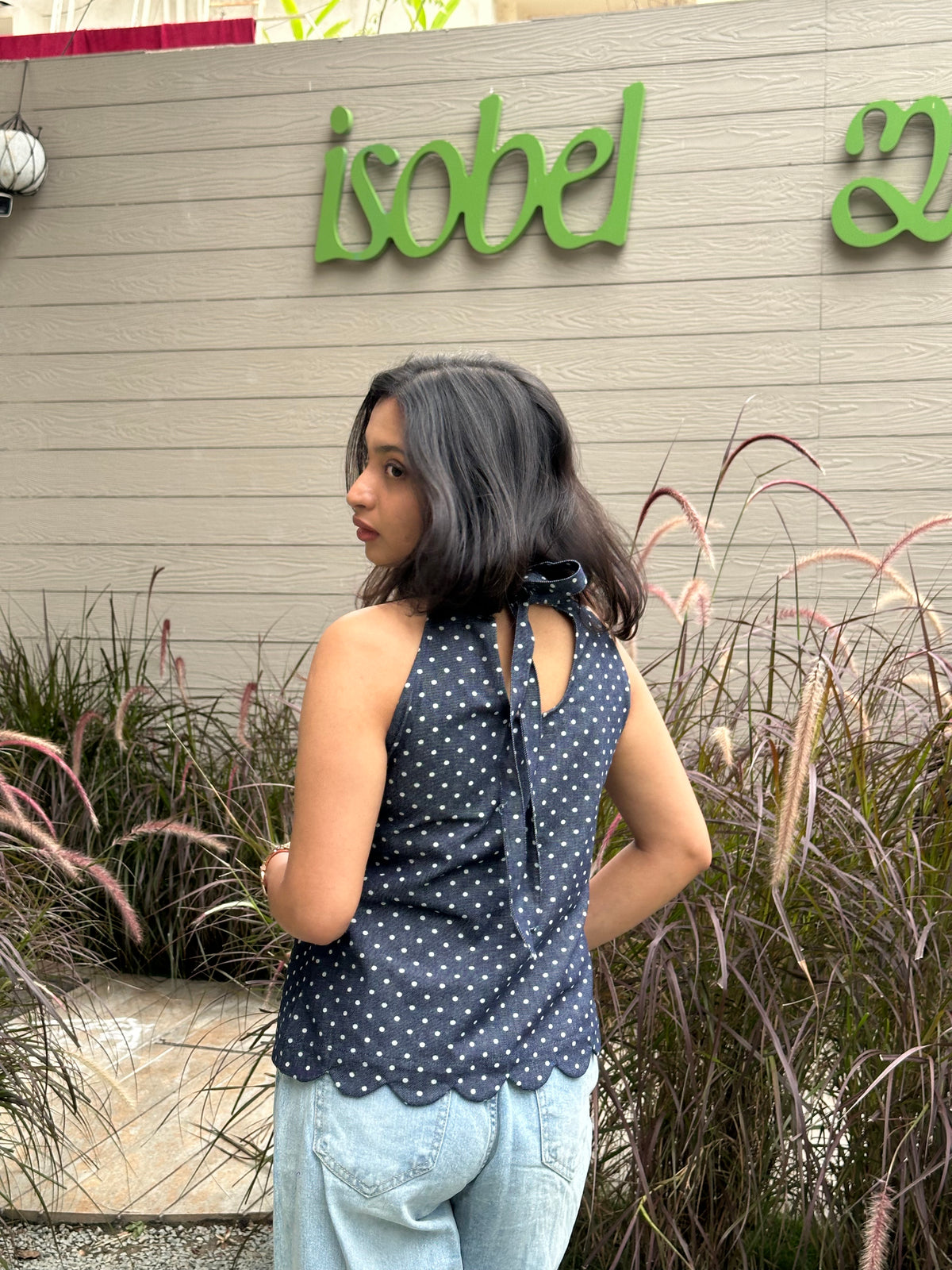 POLKA DENIM TIE BACK TOP