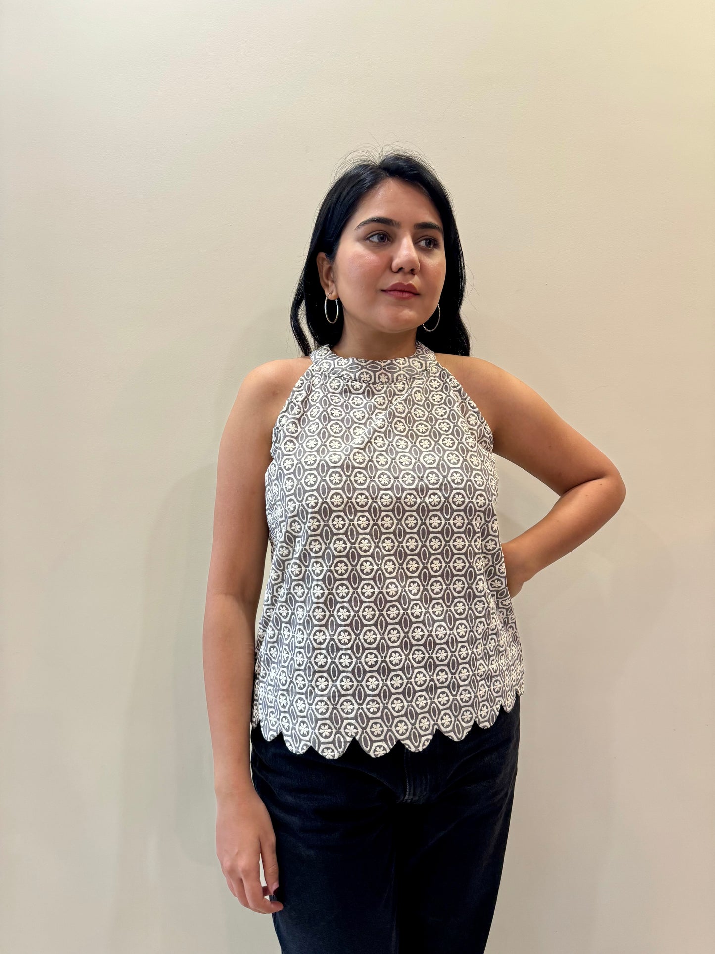 GREY HALTER NECK TIE BACK TOP