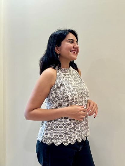 GREY HALTER NECK TIE BACK TOP