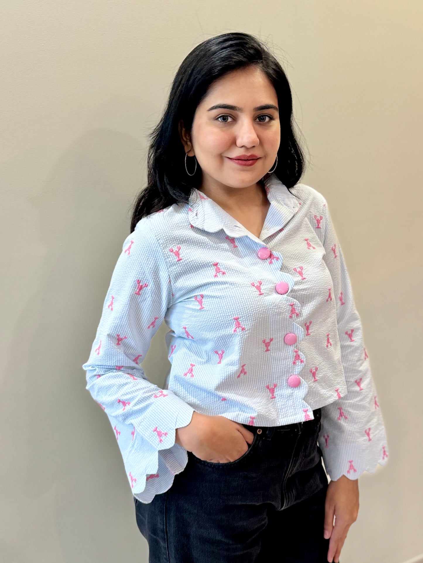 BLUE STRIPED CROPPED SHIRT